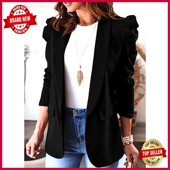 Puff Sleeve Blazer with Pockets, Open Front, Work Office Casual - Picture 4 of 7